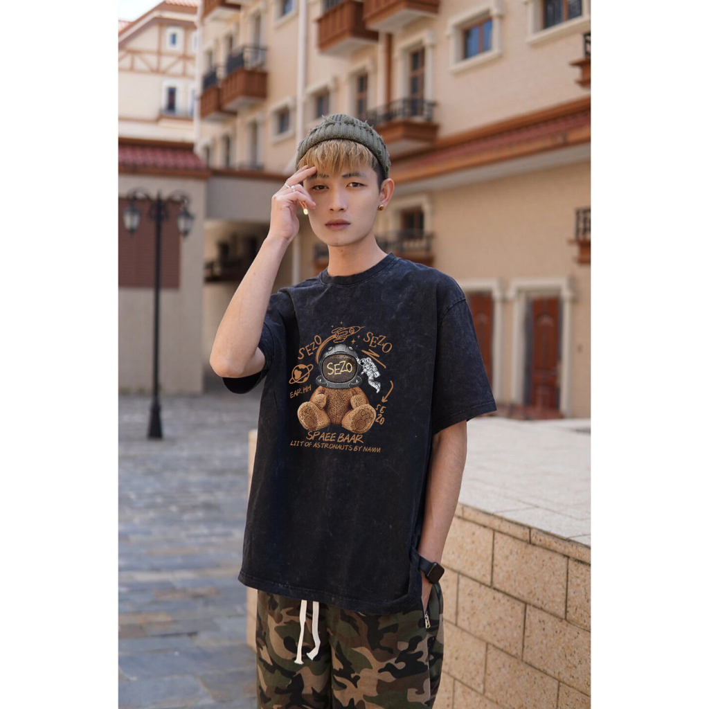 RDGF kaos cowok keren kaos kekinian (kapas 100%) Washed oversized kaos oversize cowok Teddy bear graphic T-shirt black washed tshirt/A0148