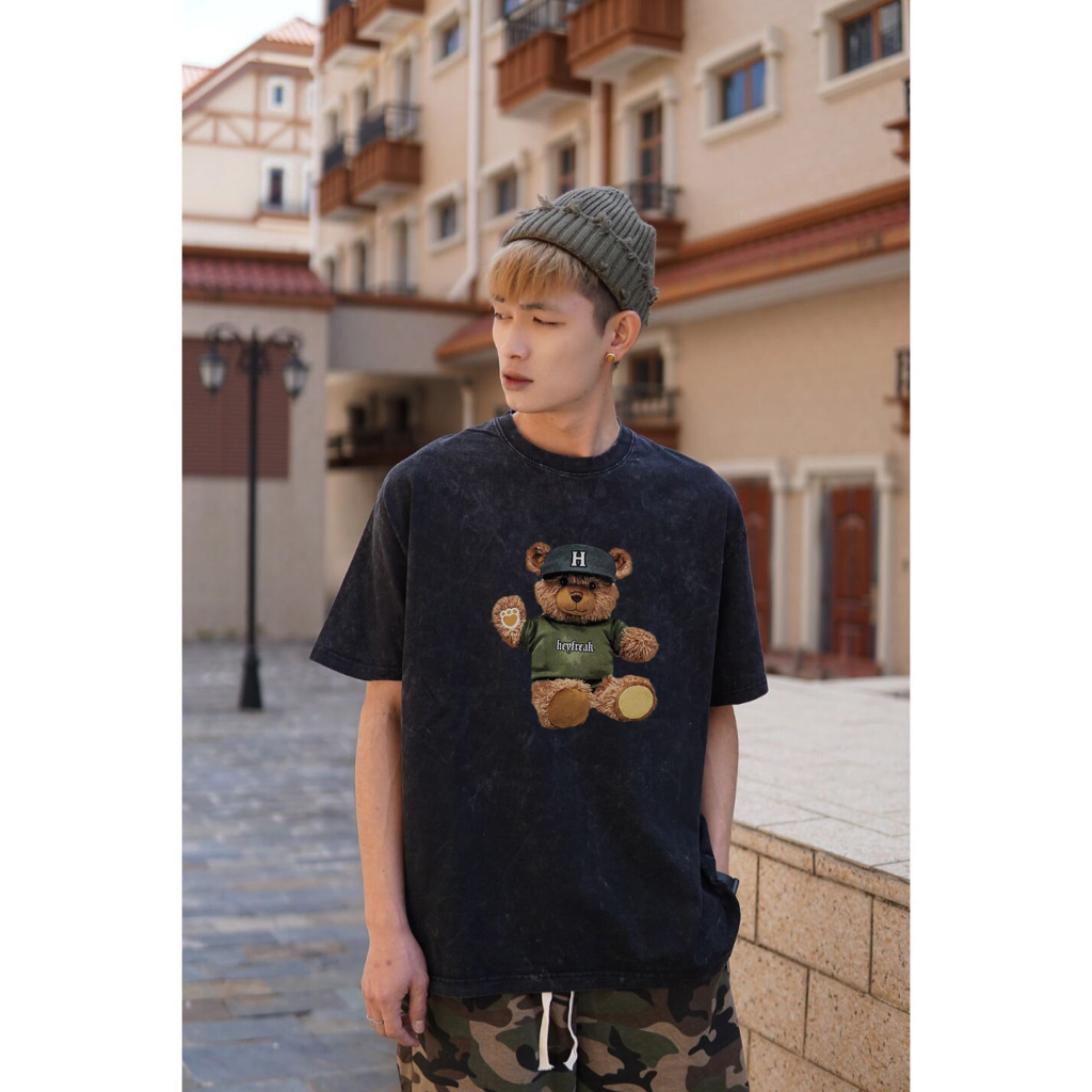 RDGF Washed oversized kaos pria keren teddy bear shape T-shirt kaos hitam pria black washed tshirt kaos cowok keren/A0903