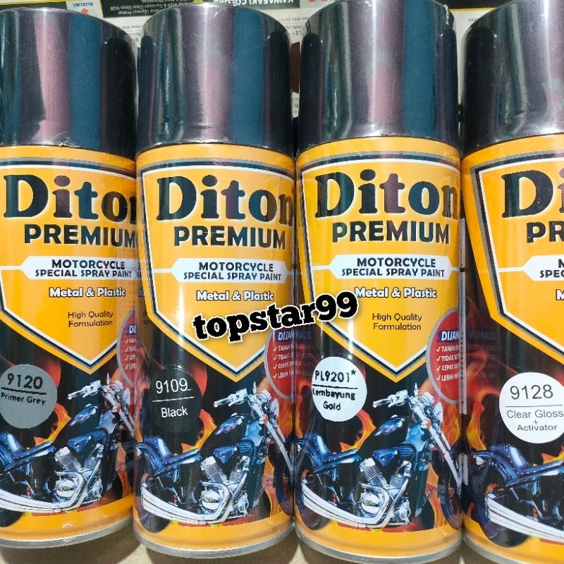 Diton Premium Paket Lengkap 4 Kaleng 400cc Hitam Lembayung Gold Emas 9201 Primer Grey 9120 Black 9109 Clear Glossy 9128 Pilox Pilok Cat Semprot Spray Paint