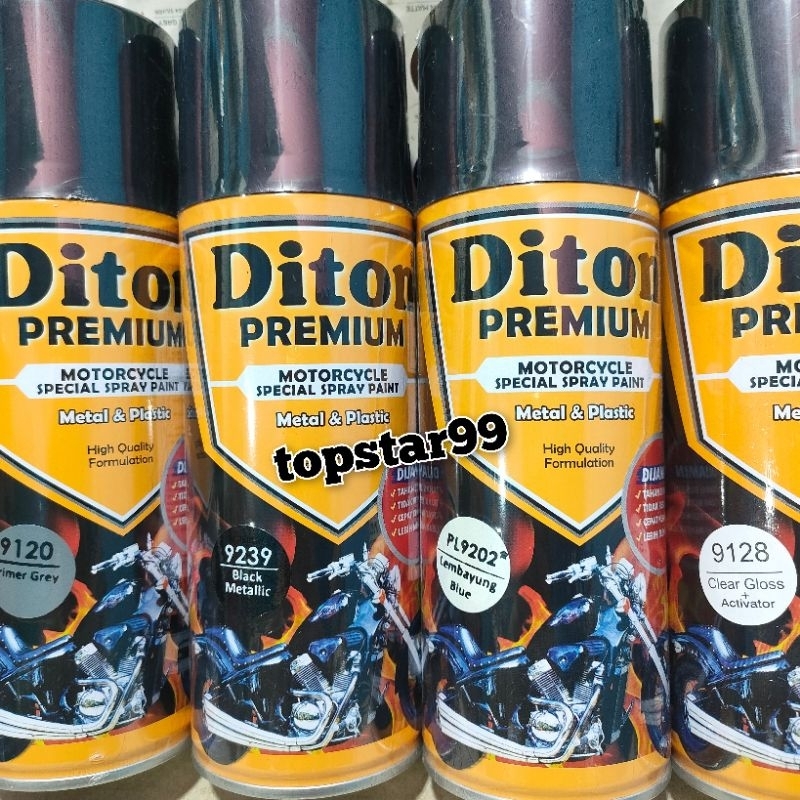 Diton Premium Paket Lengkap 4 Kaleng 400cc Hitam Metalik Lembayung Blue Biru Primer Grey 9120 Black Metalic 9239 Clear Glossy 9128 Pilox Pilok Cat Semprot Spray Paint