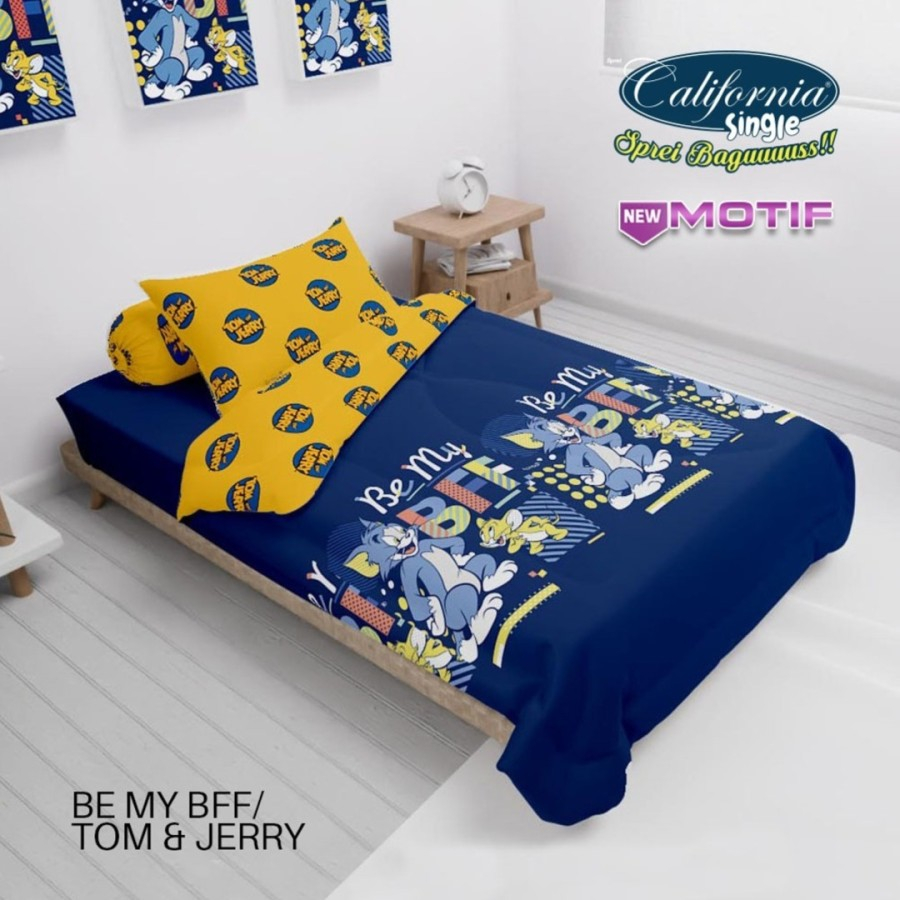 5in1 Full Set Bedcover + Sprei California 3D Single 120x200 Motif Be My BFF Tom Jerry, Buzz Light Ye