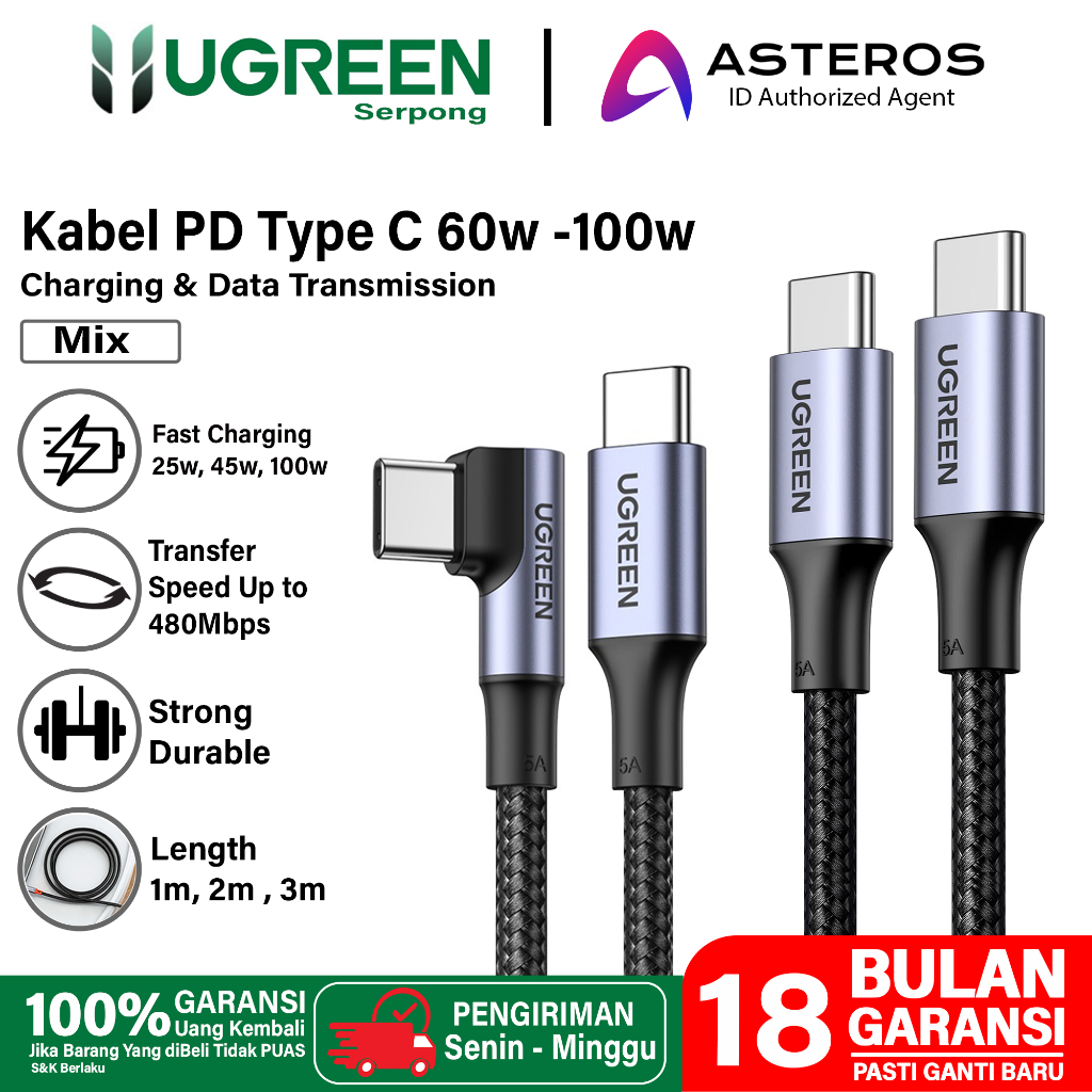 UGREEN Kabel Charger USB Type C to Type C Fast Charging 5A 100w Nylon Braided