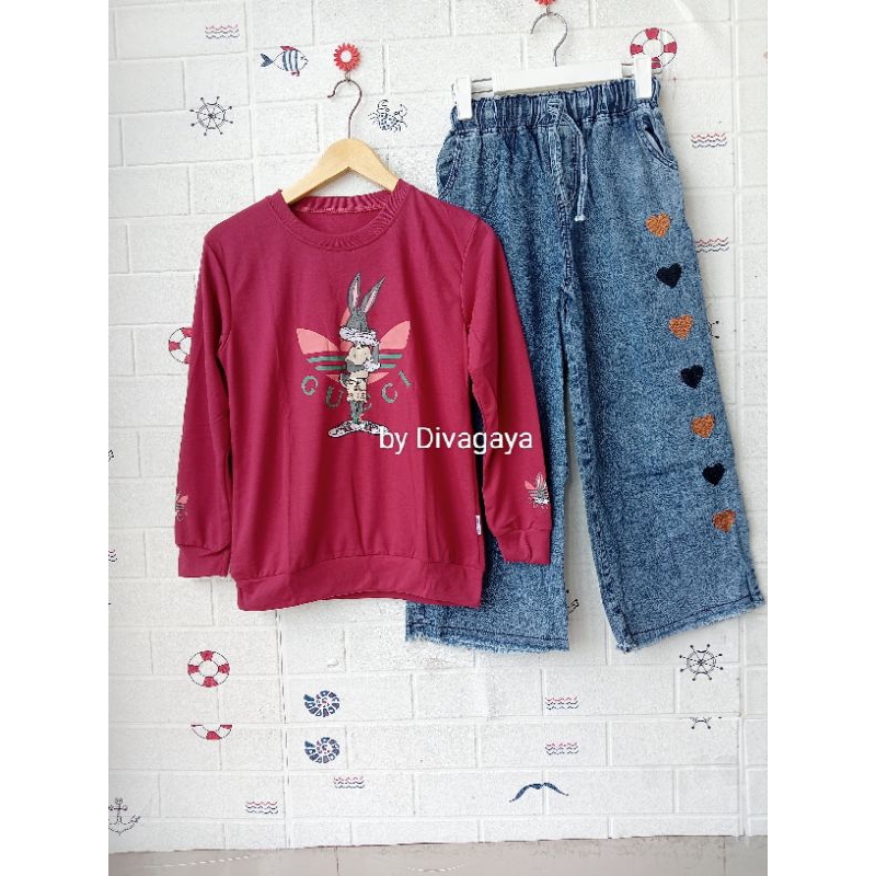 Setelan Anak Kaos + Celana kulot jeans