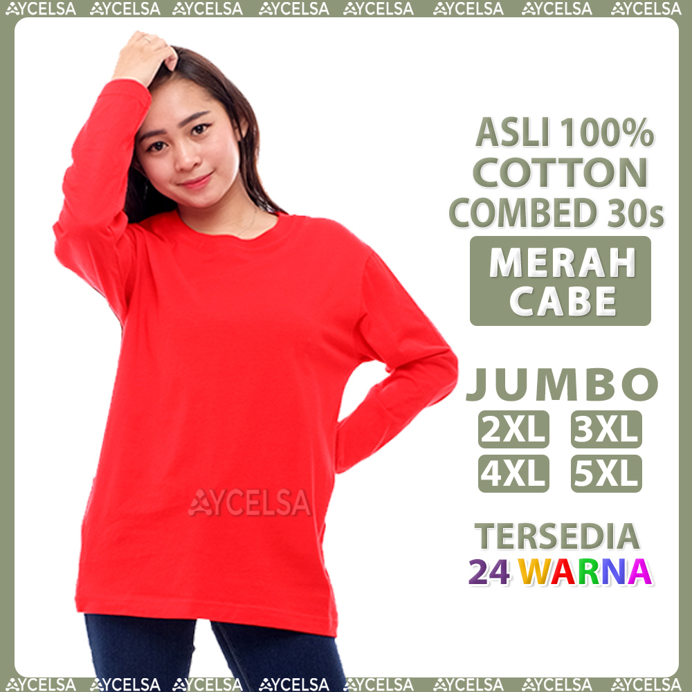 Kaos Polos Jumbo Wanita Pria Lengan Panjang Merah Cabe / Atasan Kaos Jumbo Merah Bendera