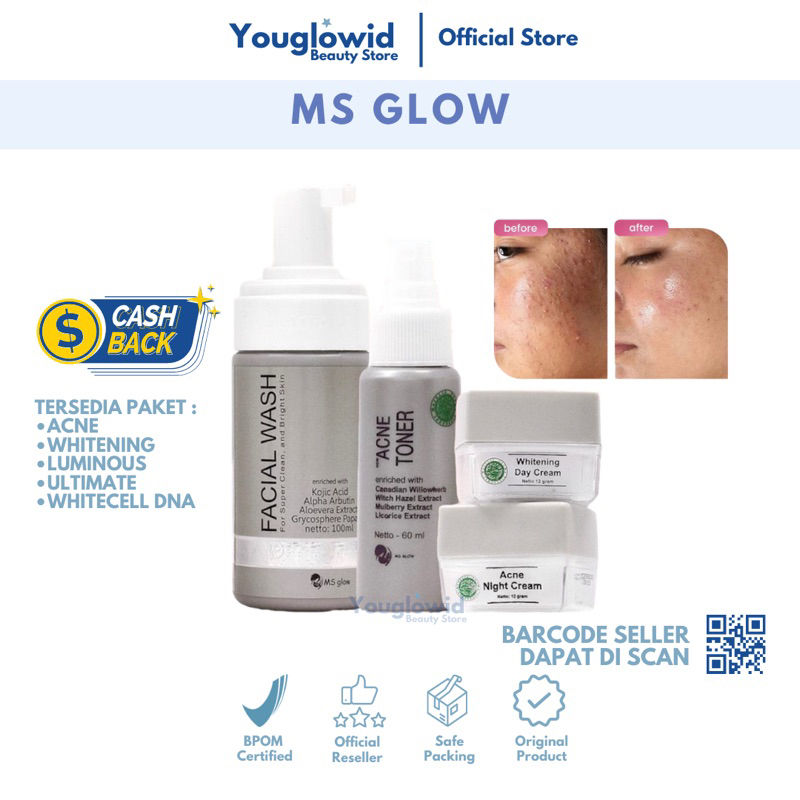 【Official Store】MS GLOW Paket Wajah Acne Whitening Luminous Ultimate Whitecell DNA Msglow Skincare Pencerah Pemutih Kulit Wajah Kering Oily Sensitif Anti Bakteri Jerawat Noda Hitam Flek Bekas Jerawat Anti Aging Glowing Whitening Viral BPOM