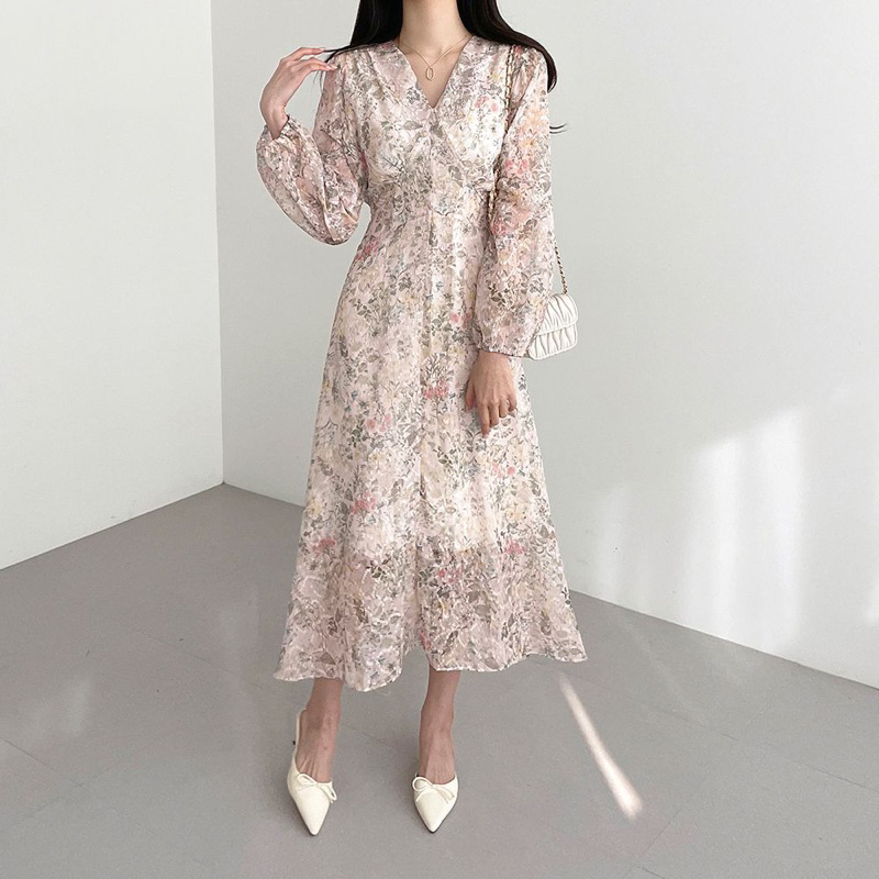 Keyvia Dress Floral Vintage Korean Spring Sweet Holiday Long Hijab Pastel Gaun Wanita Manis Cantik B