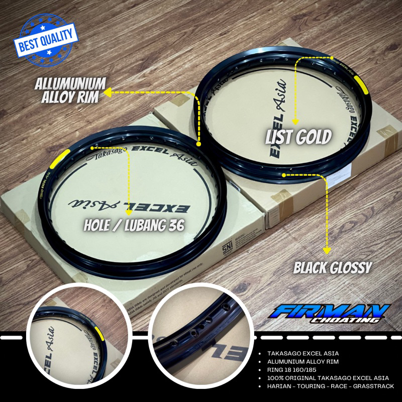 RING VELK TAKASAGO EXCEL ASIA RIM HITAM GLOSSY 18x160 &amp; 18x185 (Sepasang)