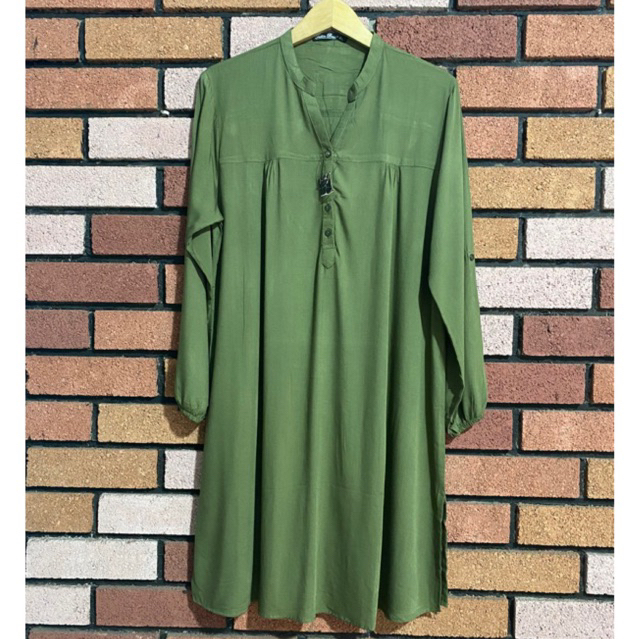 Long Tunik Rayon Polos Hijau Army Dark Olive Atasan Wanita Kekinian Baju Cewek Pakaian Perempuan Mus