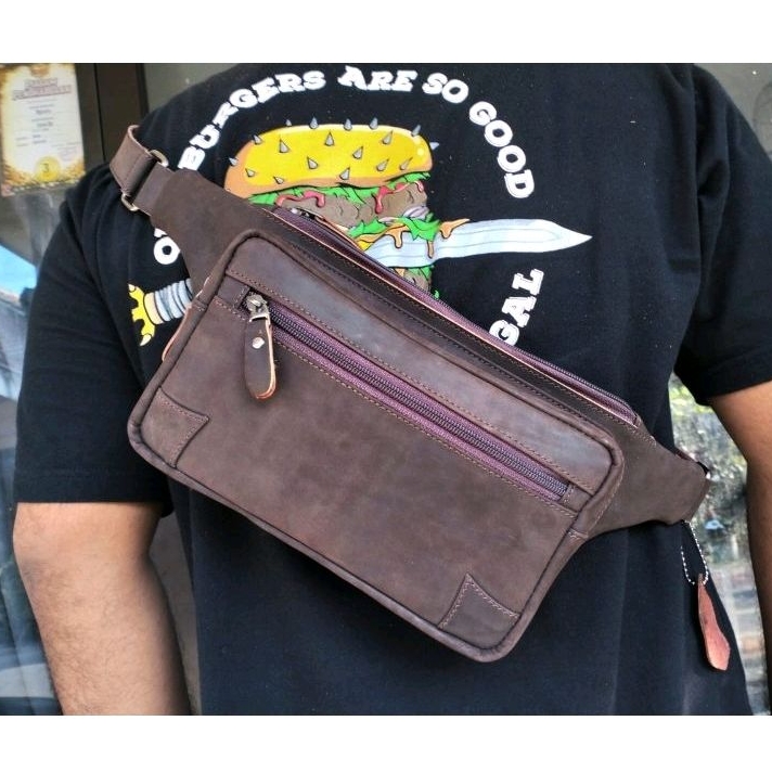 Selempang Waistbag pria Corazonn Kulit sapi asli crazy horse