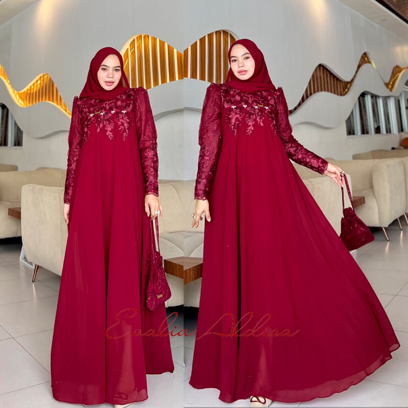gamis dress gaun pesta evalia payet bordir lace import merah maroon simple simpel mewah cantik keren