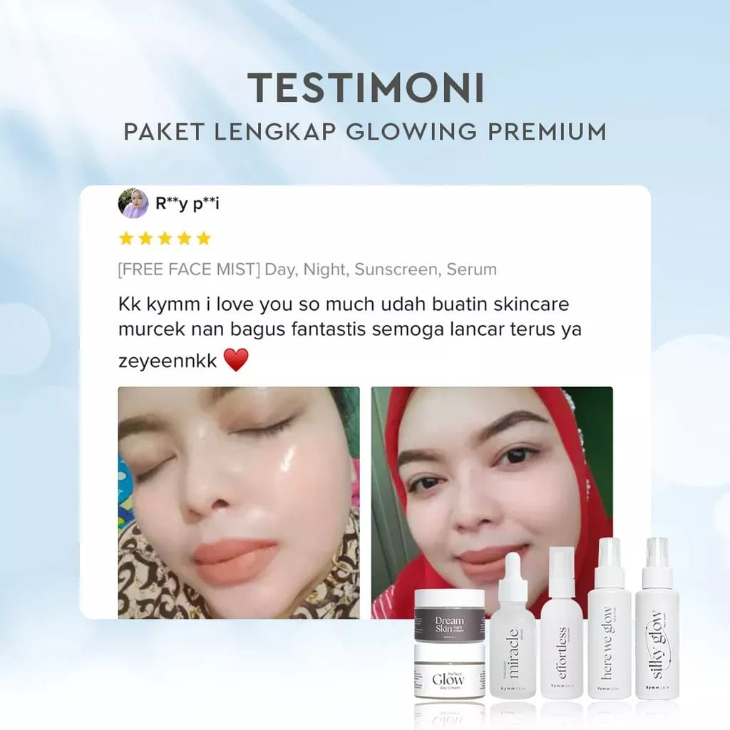 KYMM SKIN 5PCS PAKET SKINCARE LENGKAP PAKET GLOWING KYMMSKIN PREMIUM DAPAT POUCH MECERAHKAN DAN MENGLOWONGKAN MENGATASI FLEK HITAM
