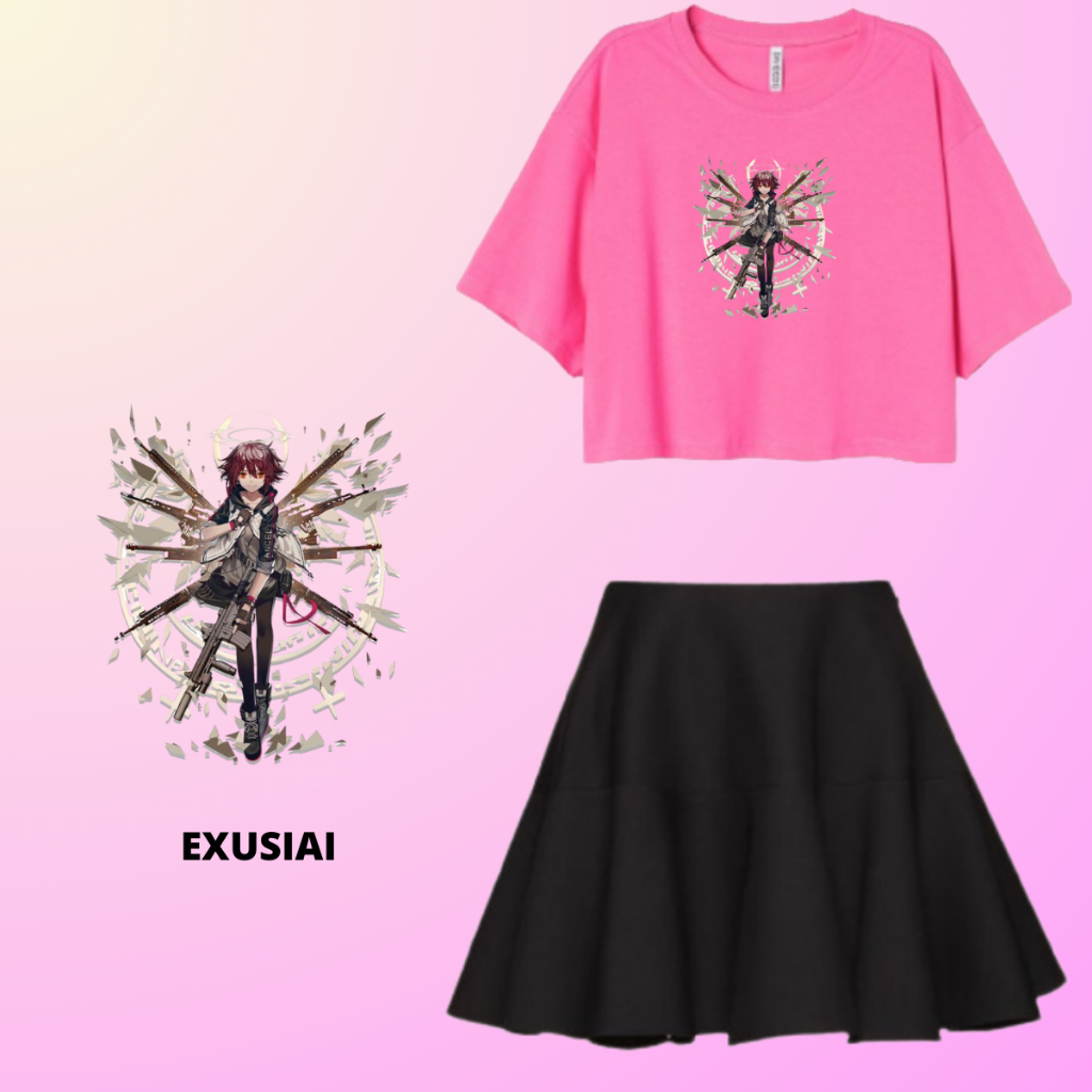 HOF - SET TRENDY KAOS CROP +ROK HITAM GADIS REMAJA LD110cm -EXUSIAI