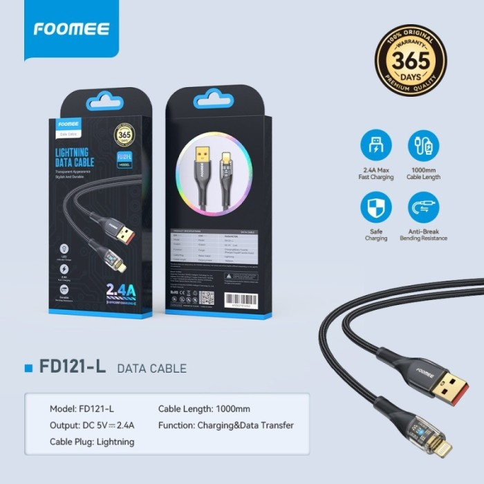 FOOMEE FD121 Kabel Data Type C 3A Kabel Charger Lightning 2.4A 100CM