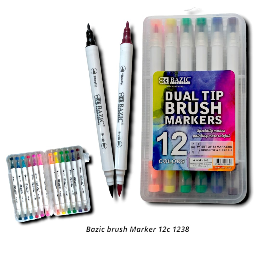 SPIDOL BRUSH PEN DUAL TIP 12 WARNA BAZIC 1238 BRUSH MARKERS