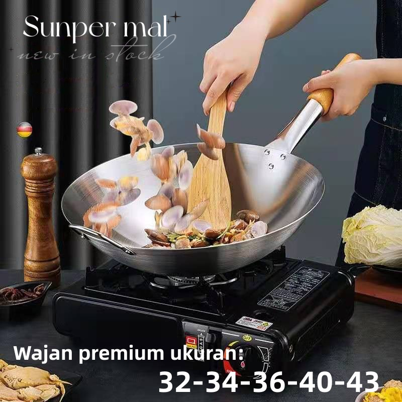 Wajan Wok Penggorengan Stainless Steel Gagang Kayu