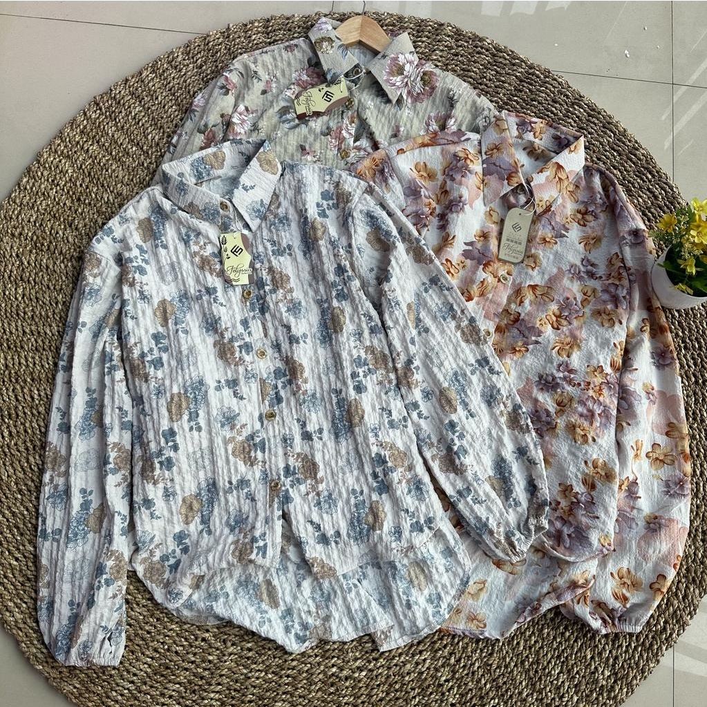 Kemeja Blouse Wanita Over Size Kain Crinkle Motif