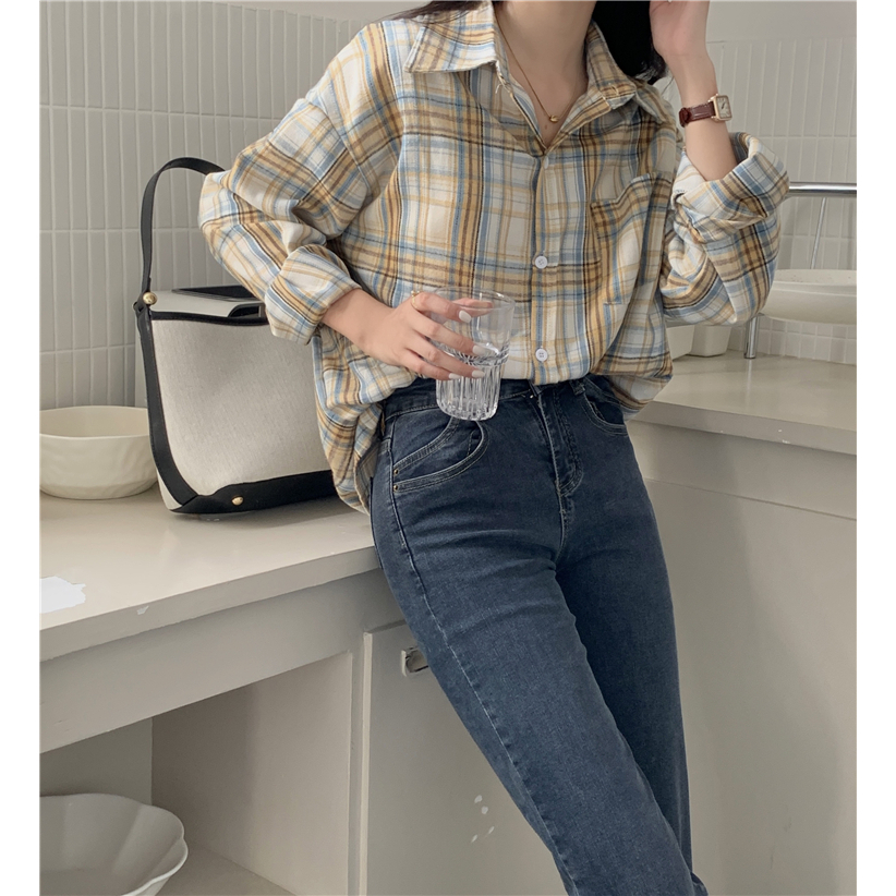 kemeja wanita lengan panjang causual american retro loose plaid shirt blouse wanita kekinian