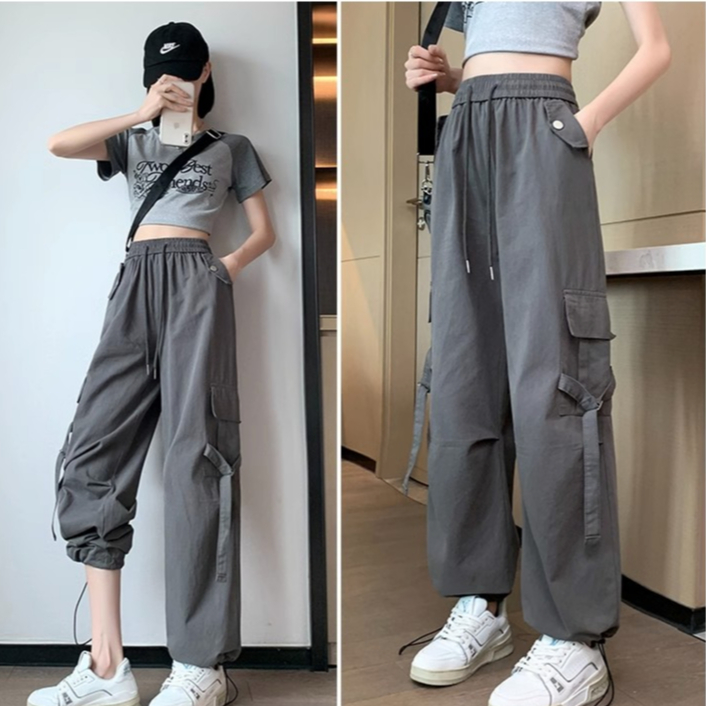 Cargo pants highwaist cargo celean jeans panjiang Highwaist Loose Cargo celana kuolt korean style kekinian 2023