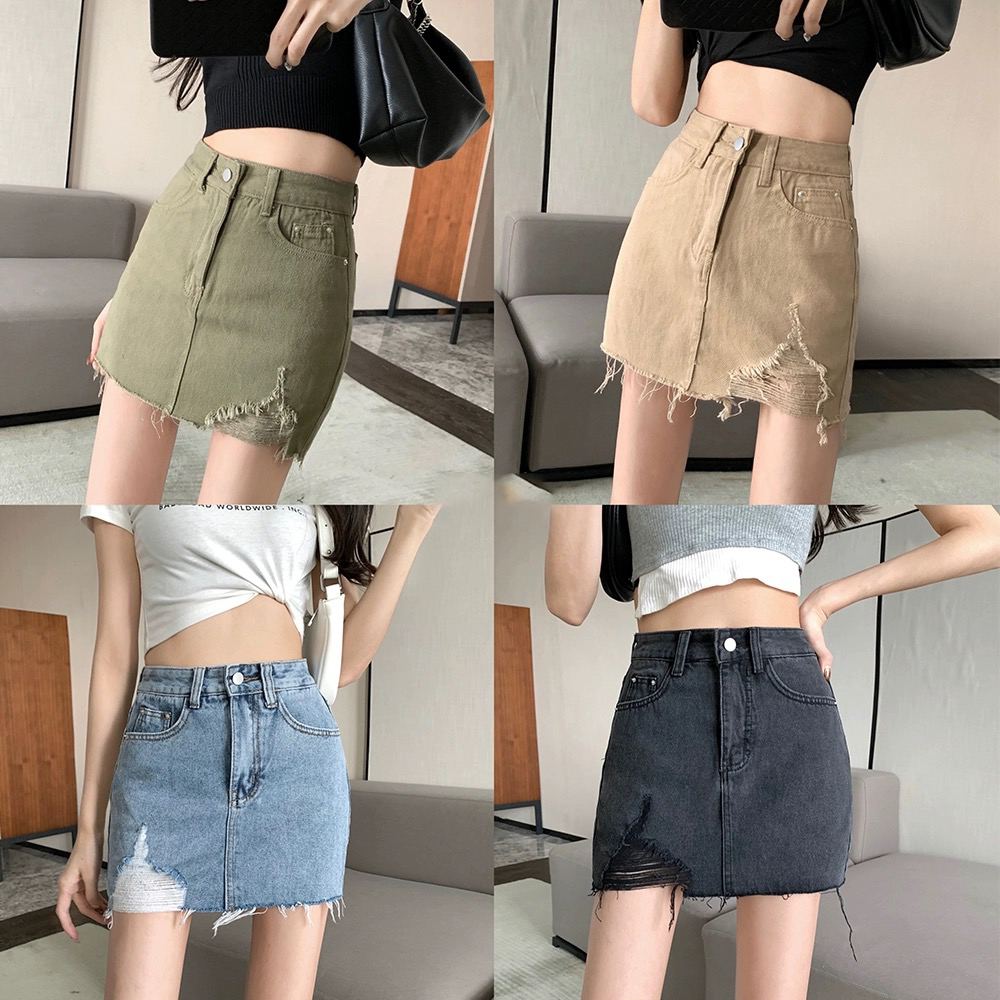 Rok span hitam rok jeans pendek wanita midi skirt korea rok jeans highwaist ripped terbaru 2023