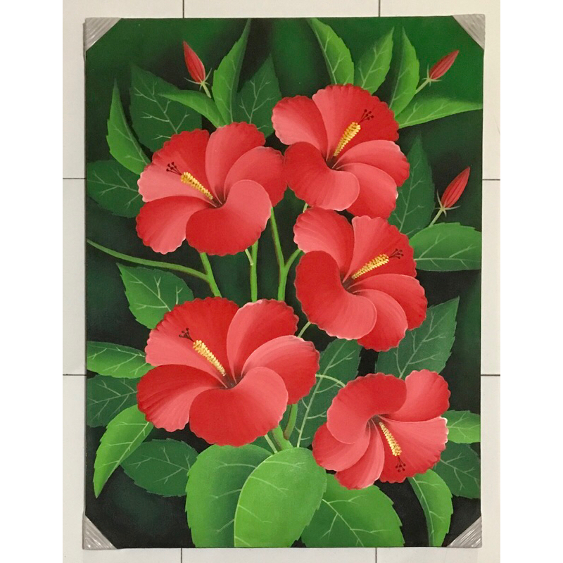 Lukisan Bunga Kembang Sepatu, Lukisan Realis, Lukisan Kanvas, Hiasan Dinding Ukuran 60 x 80 cm 100% 