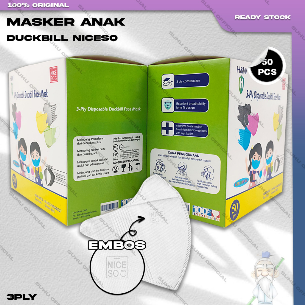 Masker Anak Duckbil NICESO 3Ply isi 50Pcs Warna Putih White Duckbill 3 Ply Earloop Surgical Mask Kemenkes
