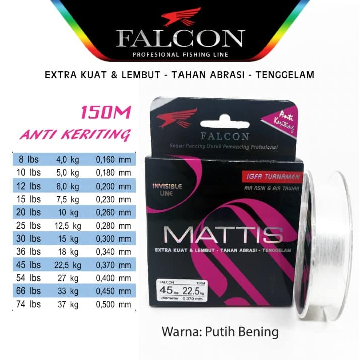 SENAR / LINE MONO FALCON MATTIS (Color CLEAR) 150m