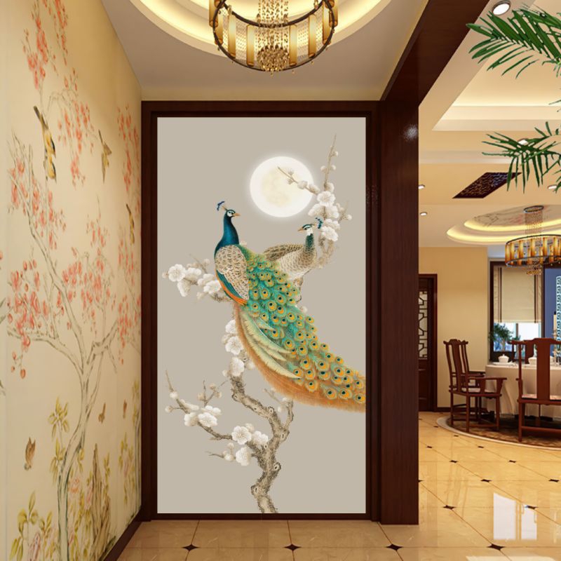 wallpaper 3d custom motif merak meninggi, wallpaper stiker dinding burung merak