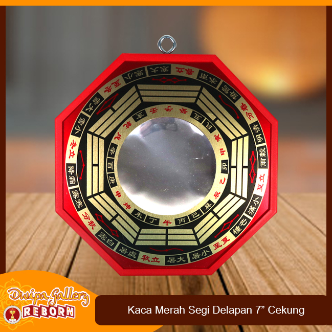 Kaca Cermin Cekung Fengshui Pat Kua Pakua /Ba Gua Segi Delapan Red 7&quot;