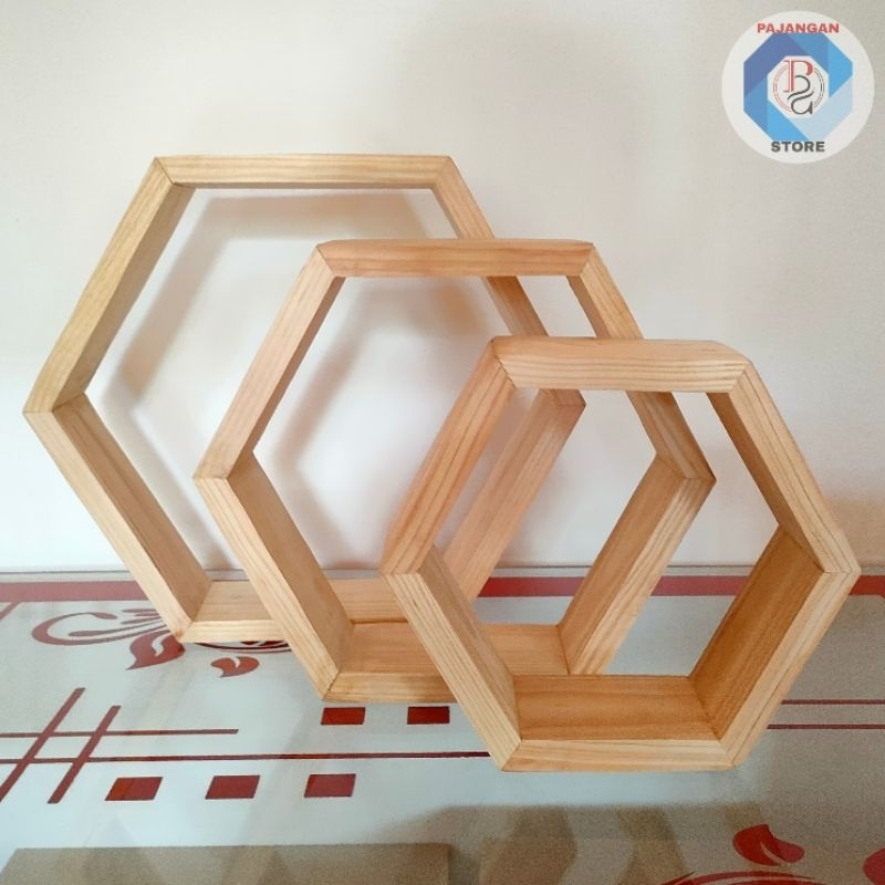 Rak Kayu Hexagonal Modern Minimalis - Ambalan Rak Kayu Hexagonal