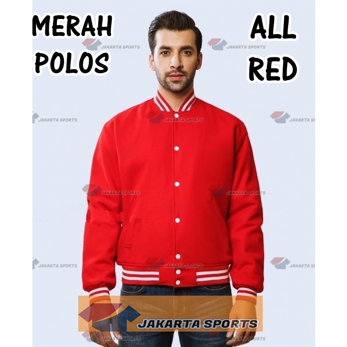 JAKET VARSITY MERAH POLOS BASEBALL PRIA WANITA MURAH BOMBER JACKET