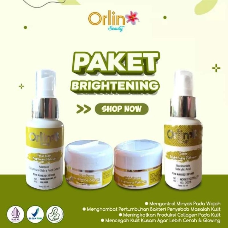 Paket Brightening Platinum Orlin Beauty / Krim Pemutih Wajah Skincare bpom ( free duoble gift cantik