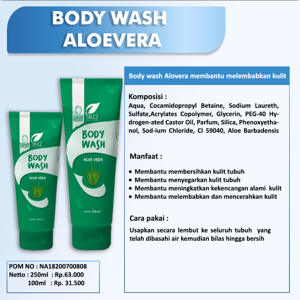 BODY WASH ALOEVERA SR12 BPOM / SABUN MANDI CAIR PENCERAH &amp; PENYEGAR KULIT / MEMBANTU MENGHALUSKAN KULIT