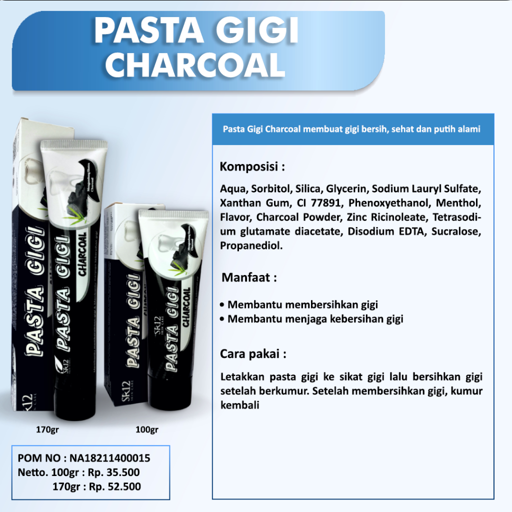 Pasta gigi charcoal Sr12 Membersihkan gigi Memutihkan gigi Menghilangkan bau mulut Mencegah timbul plak gigi 170gr Bpom Original