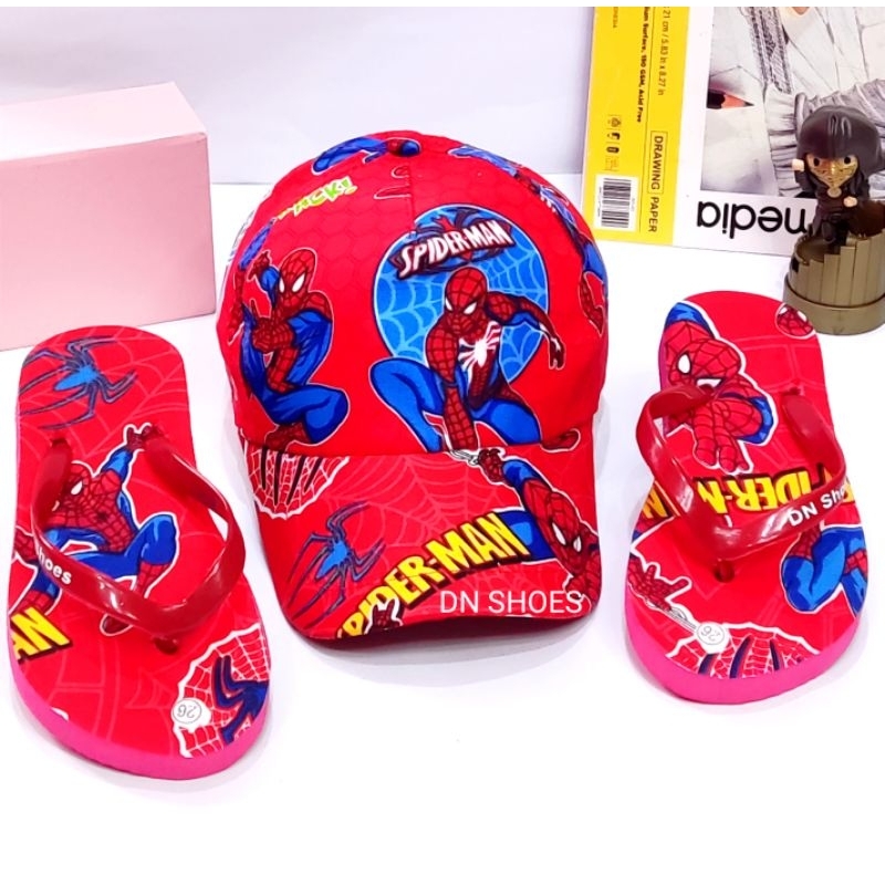 Paket Topi Anak Laki Laki Sandal Anak Cowok Motif Spiderman Merah