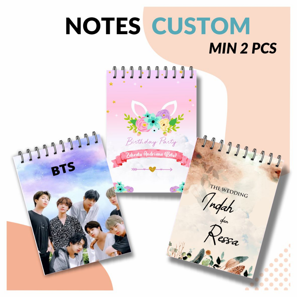 

NOTES CUSTOM SATUAN MIN 2PCS /NOTEBOOK SPIRAL SOUVENIR PERNIKAHAN ULTAH SEMINAR PROMOSI KADO