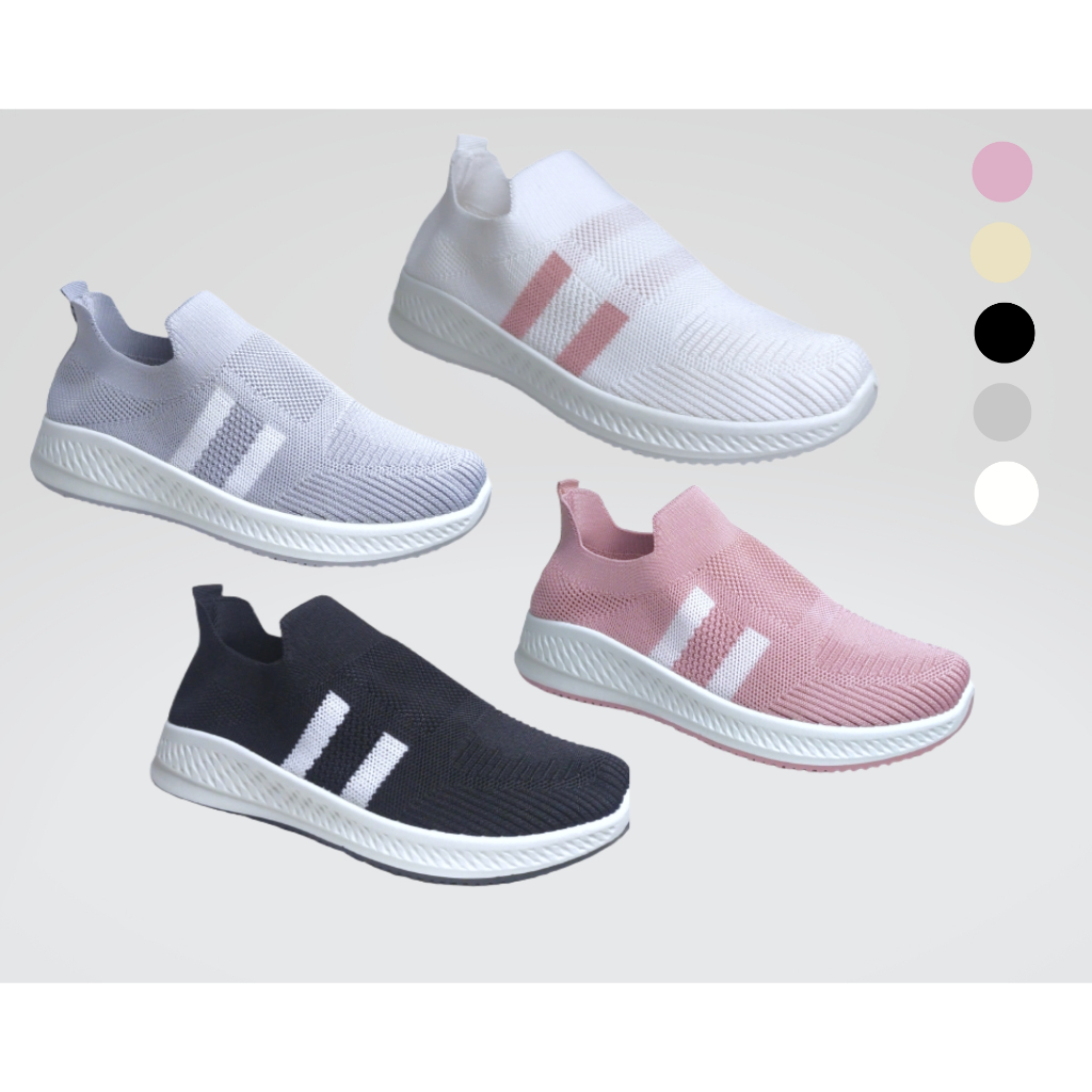 WM-1A002 SEPATU SNEAKERS FASHION CASUAL OLAHRAGA TERBARU STYLE TWOLINES POLOS WANITA PRIA BAHAN RAJUT SLIP ON BEST QUALITY REAL PICT