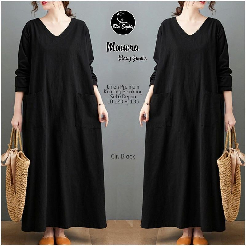 Manora Maxy Dress Korean Style Jumbo Ld120CM Baju Wanita Lengan Panjang Bahan Linen Rami