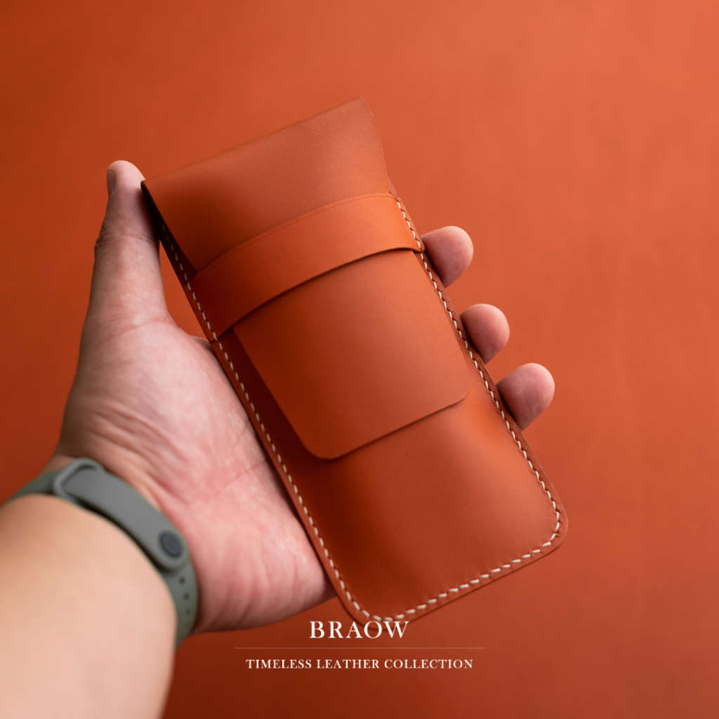 

Hamilton / Orange Leather Fountain Pen Case, Double Pen Case, Ballpoint Case Braow