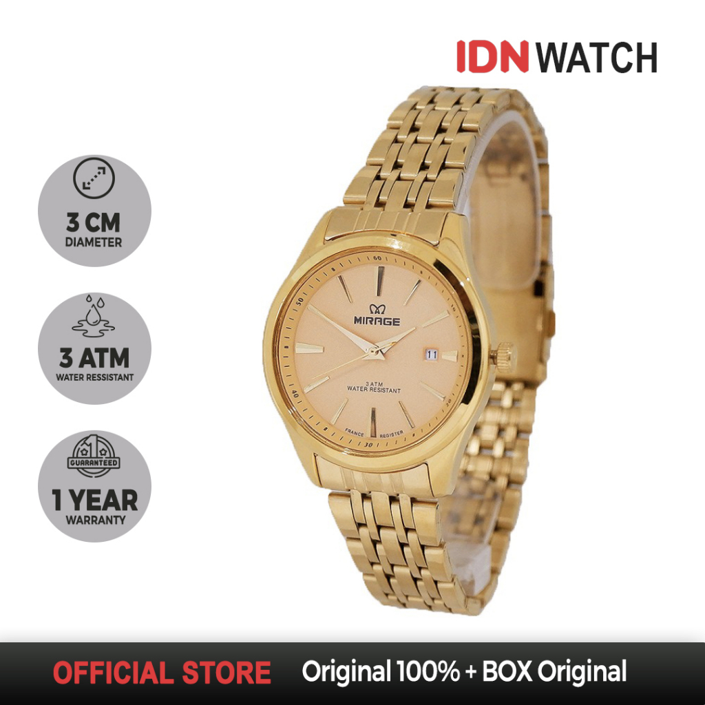 Jam Tangan Mirage Wanita Original Gold Emas Mewah 8779 L Anti Karat Tanggal Aktif