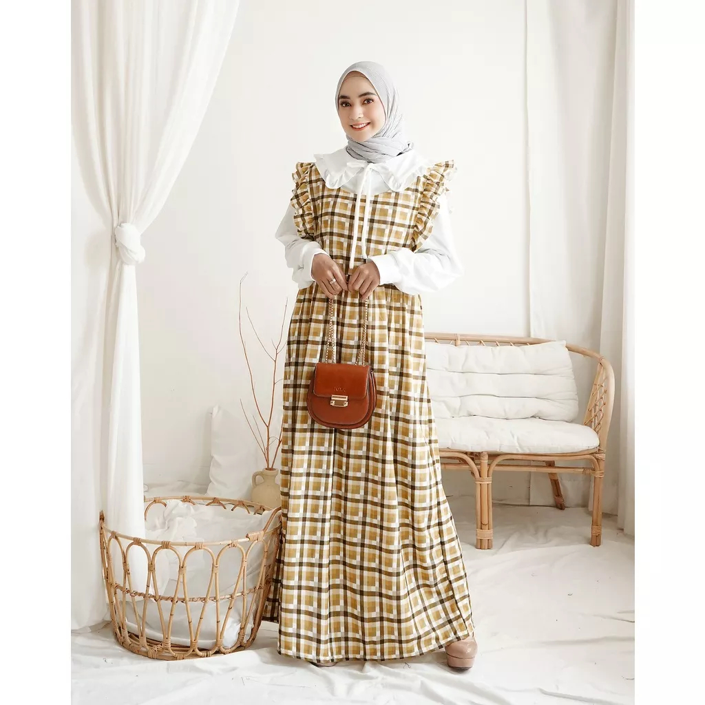 Lilia Overall Set - Gamis &amp; Inner Motif Salur Garis Stripe Kotak Grid Plaid