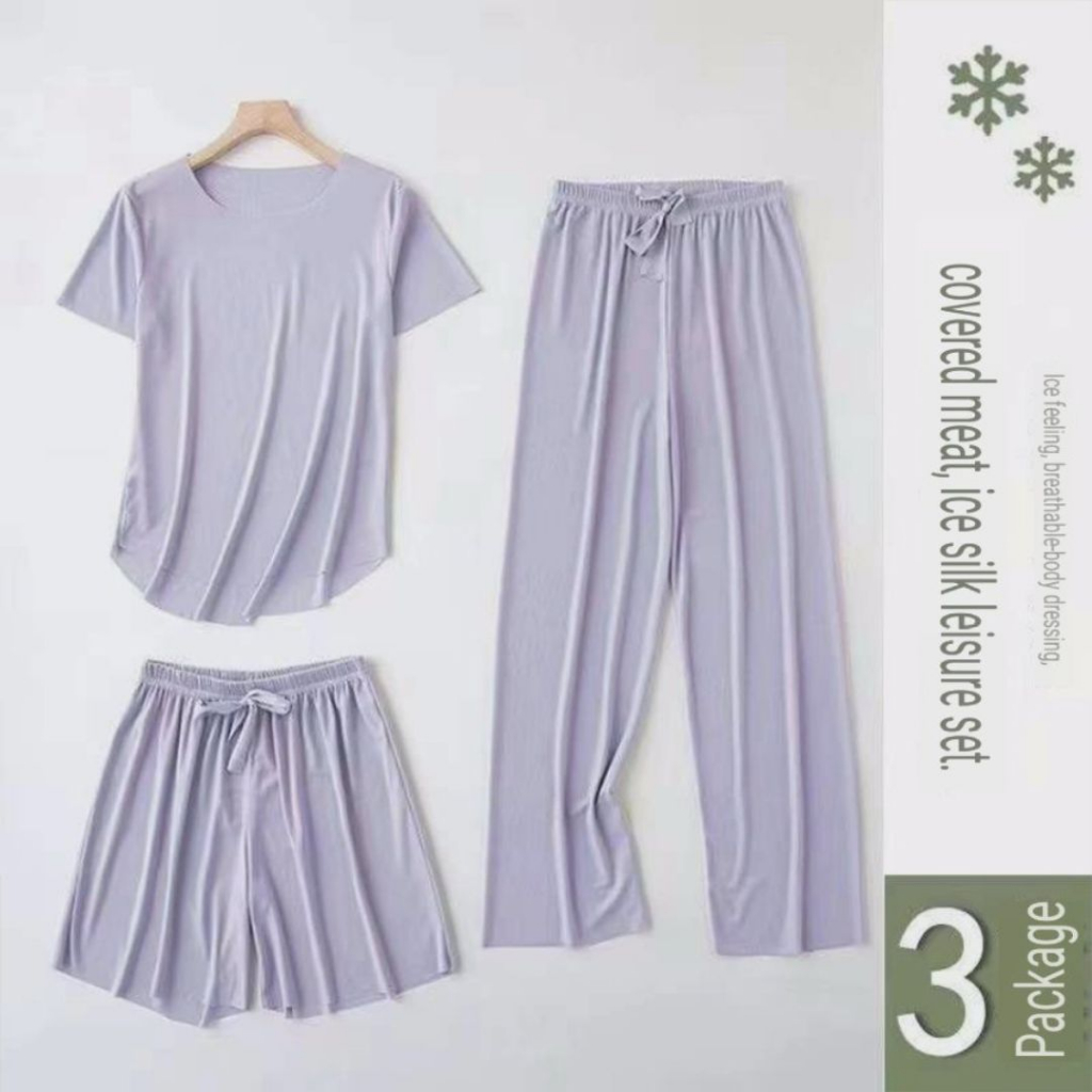 Baju tidur wanita piyama Sleep Wear Ice silk 1 Set 3 in 1