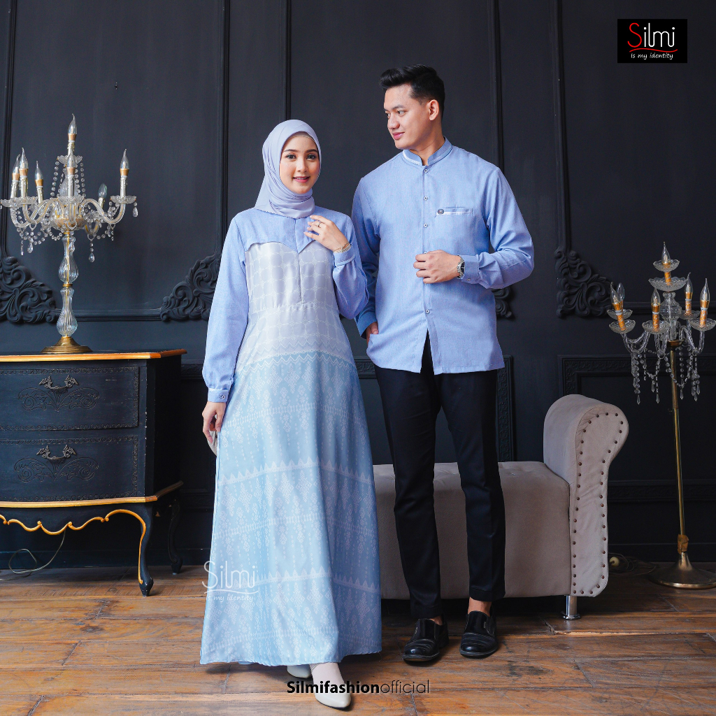 SERAGAM COUPLE IVAN INARA SKY BLUE BY SILMI FASHION BAJU BUSANA MUSLIM BAHAN KATUN MADINAH DIOR SILK