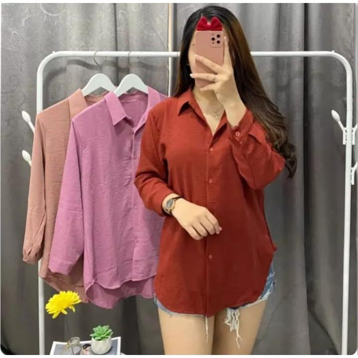 Kemeja Casual Wanita Dewasa Lengan Panjang Crinkle Airflow Polos Hitam Putih Lembut Nyaman Dipakai