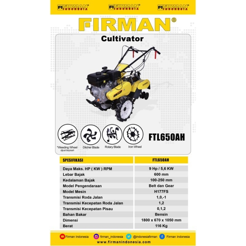 Cultivator Firman FTL650AH Mesin Bajak Mini Parit Bedengan FTL650AH