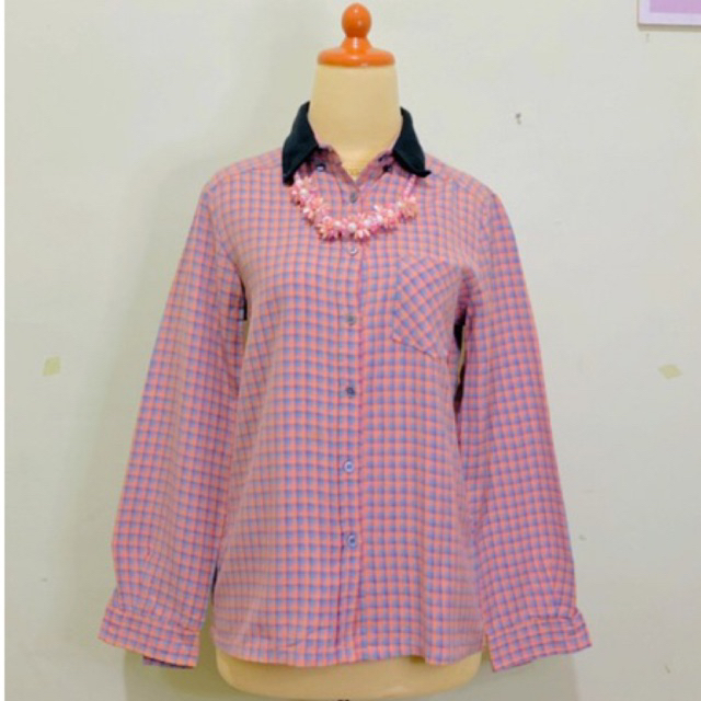 Atasan blouse blus kemeja vintage motif tartan gingham kotak warna pastel bahan flanel - Kemeja Flan