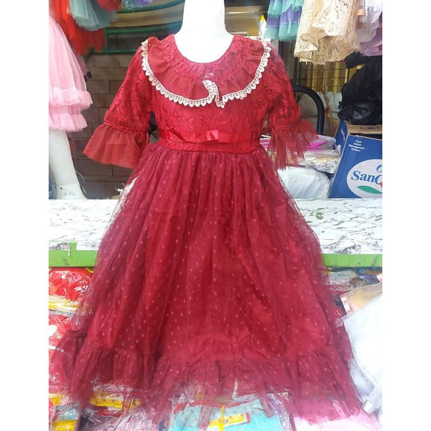 Gaun Pesta Anak Perempuan Dress Geraldine Brukat Gliter Tile Polkadot Lengan 3/4  Usia 3-10 Tahun