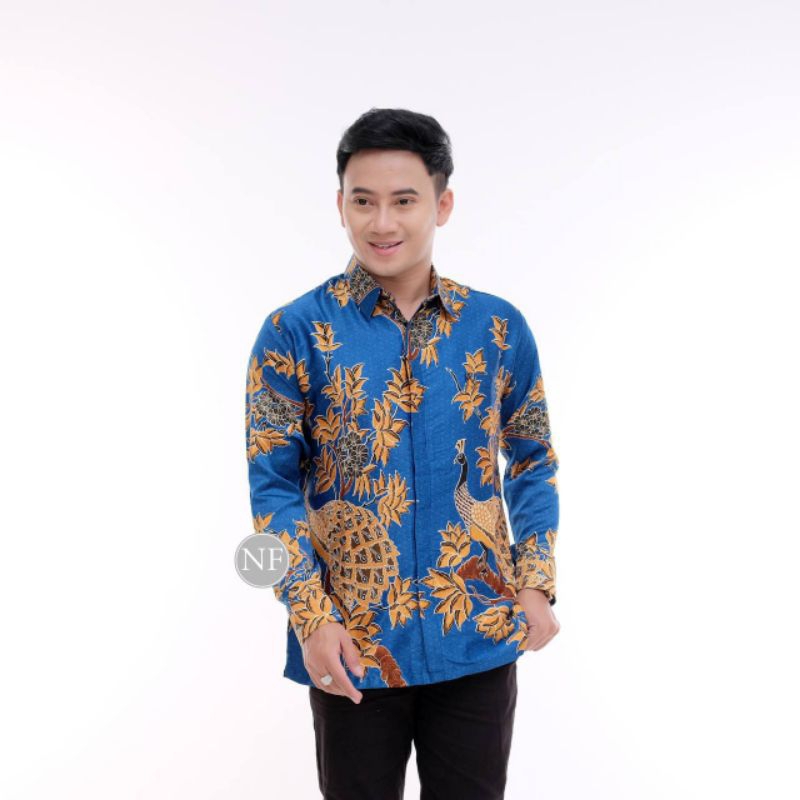 [NF] ATASAN KEMEJA BATIK PRIA COWOK LENGAN PANJANG SILKY PREMIUM SEMI SUTRA BIRU kuning MERAH ABU BI