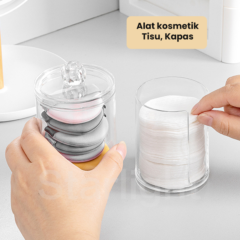 Starlight Kotak Kosmetik dengan Penutup Kayu Rak Tempat Kapas Cotton Bud Perhiasan Tempat Makeup Aksesoris Toples Cotton Bud Makeup Organizer Transparan HSB704