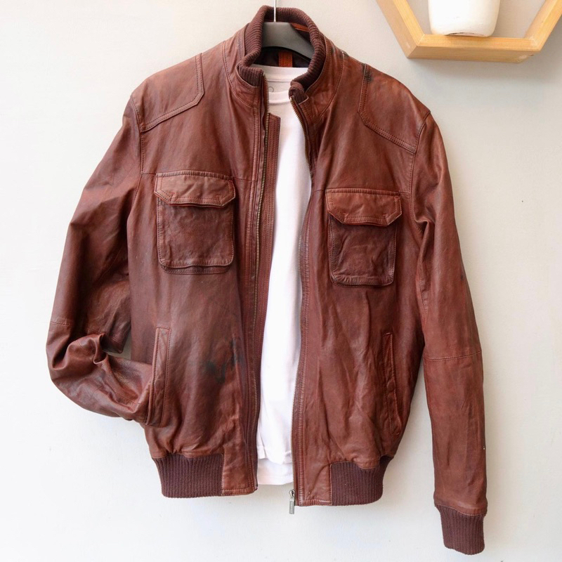 Jaket kulit bomber Vintage coklat trucker Pl bekas preloved second