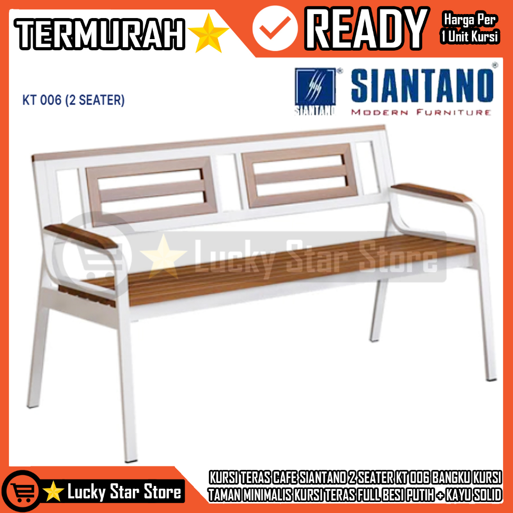 {KARGO) KURSI TAMAN MINIMALIS KURSI TERAS FULL BESI PUTIH + KAYU SOLID KURSI TERAS SIANTANO 2 SEATER